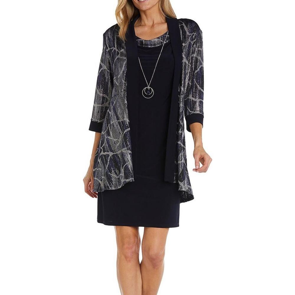 R & M Richards Women’s Printed Jacket Two Piece Dress Navy Plus Size 16